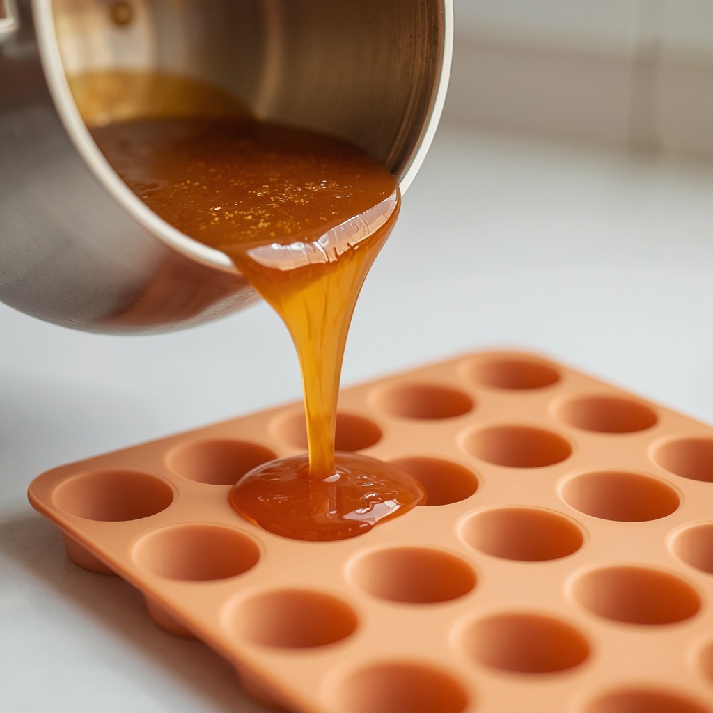 Gummy mixture being poured into a silicone mold