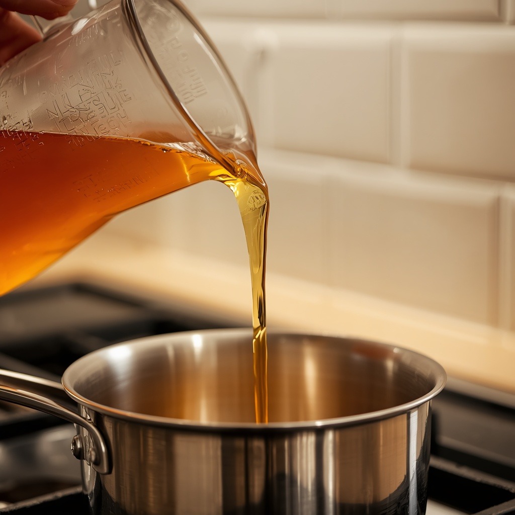 Apple cider vinegar being poured into a saucepan for gummies