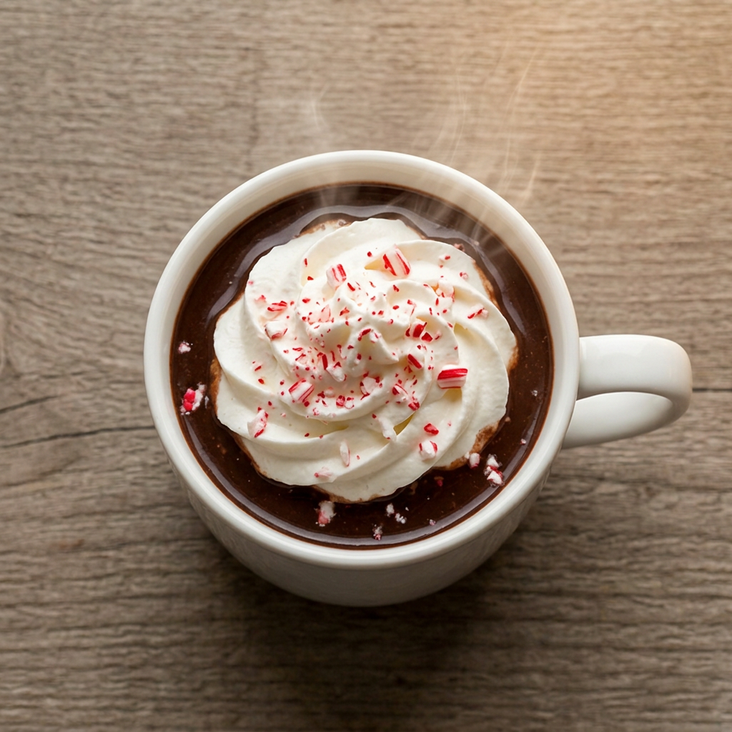 Mug of this hot chocolate recipe topped with whipped cream and crushed candy cane