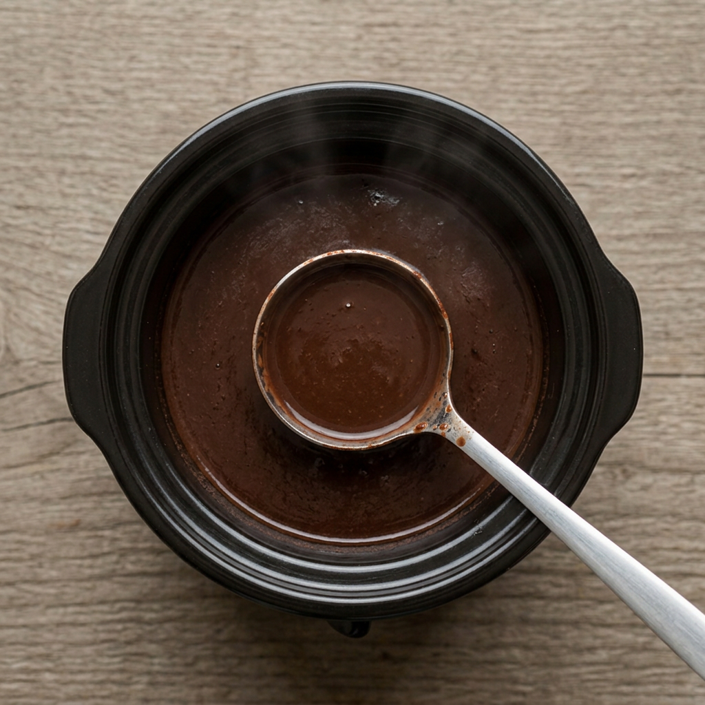 Slow cooker filled with cocoa and a ladle