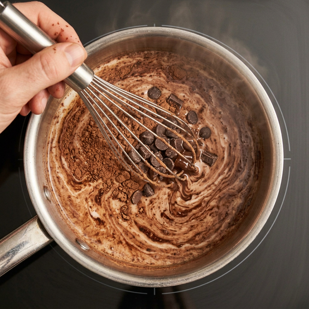 Chocolate chips melting into hot milk in a saucepan
