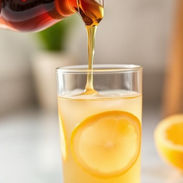 Pouring maple syrup into a glass of lemonade diet drink