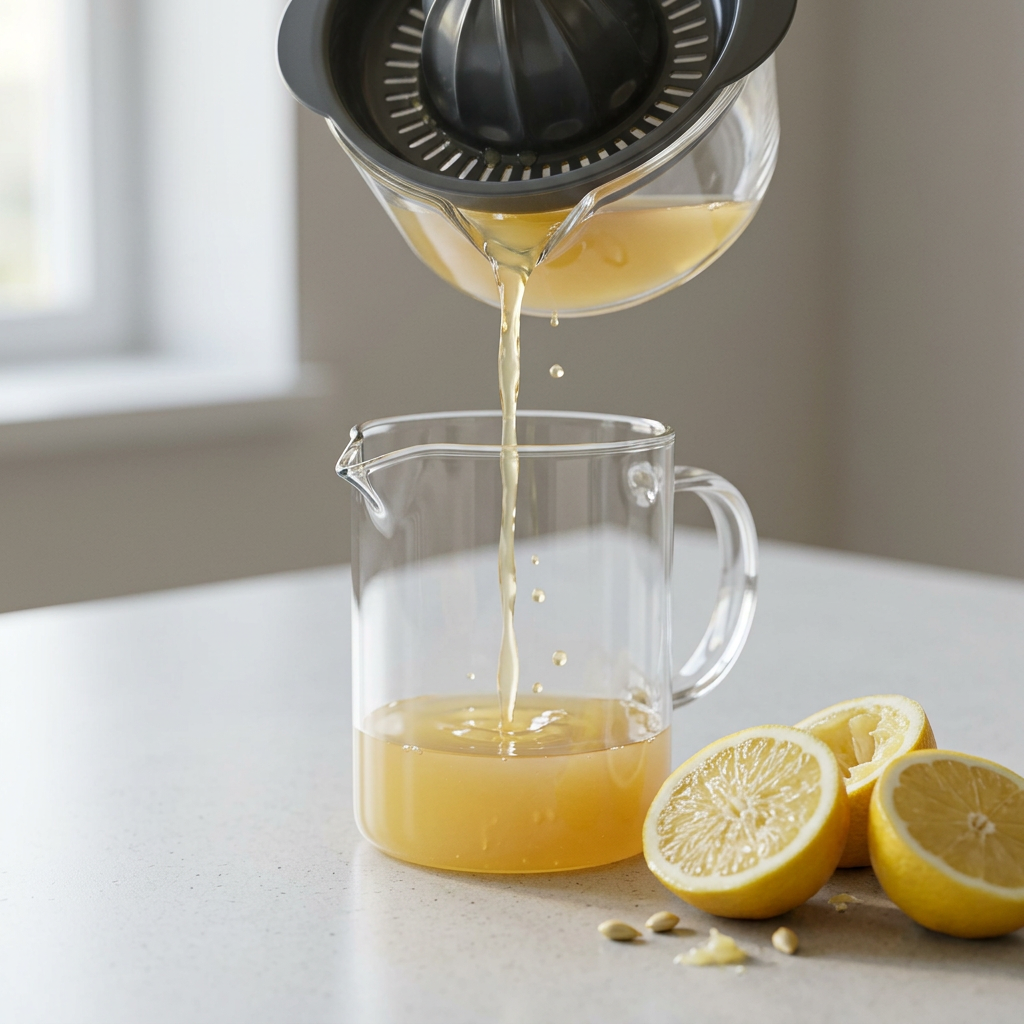 Pouring fresh lemon juice into a pitcher