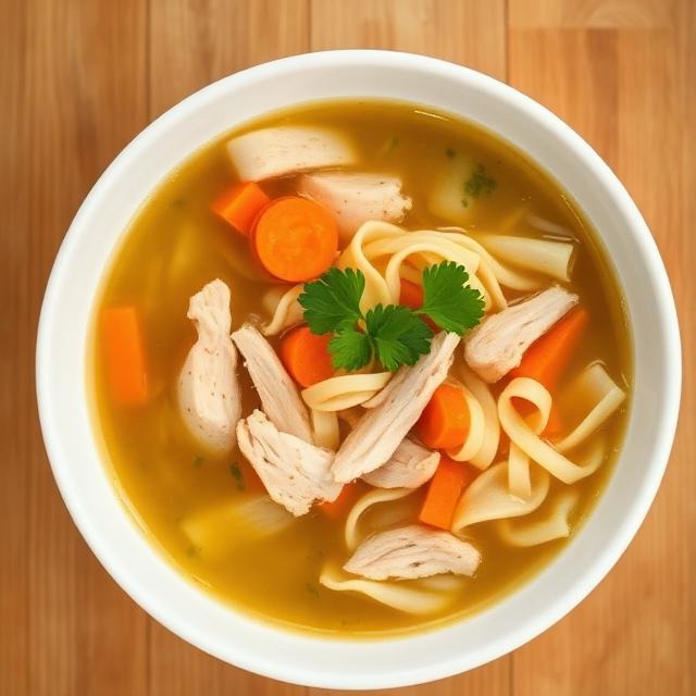 Bowl of homemade chicken noodle soup recipe with shredded chicken, carrots, and egg noodles