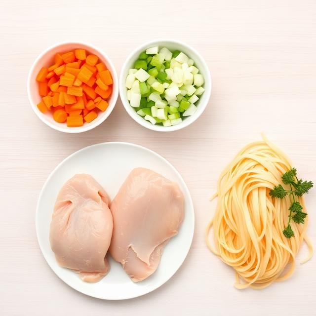 Flat lay of raw soup ingredients including chicken, carrots, celery, onion, and egg noodles