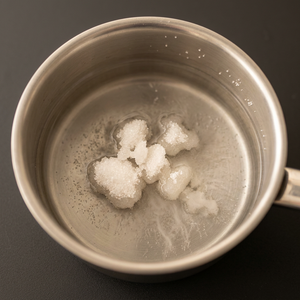 Sugar dissolving into water in a small saucepan for this lemonade recipe