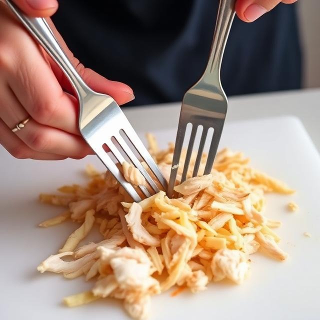Shredding cooked chicken breast with two forks