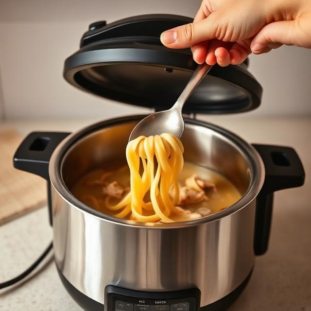 Instant Pot filled with chicken noodle soup being ladled into a bowl