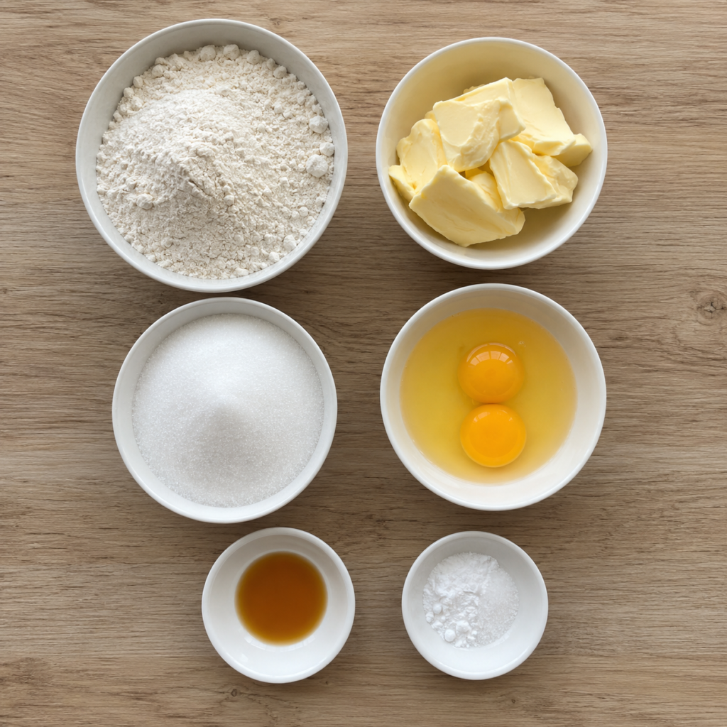 Flat lay of sugar cookie ingredients in individual bowls on a light wooden surface, overhead angle, no text, no labels, no packaging, no brand names, no background drinks or glasses of liquid
