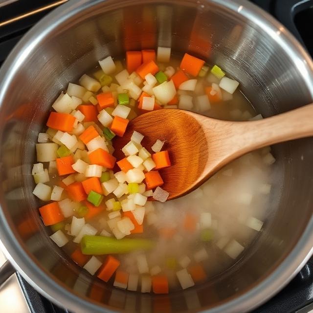 Sautéing diced onion, carrots, and celery in a soup pot