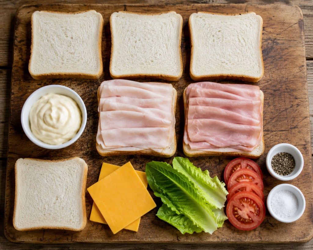 Flat lay of club sandwich ingredients including sliced bread, turkey, turkey ham, cheddar cheese, lettuce, tomato, and mayonnaise on a wooden cutting board