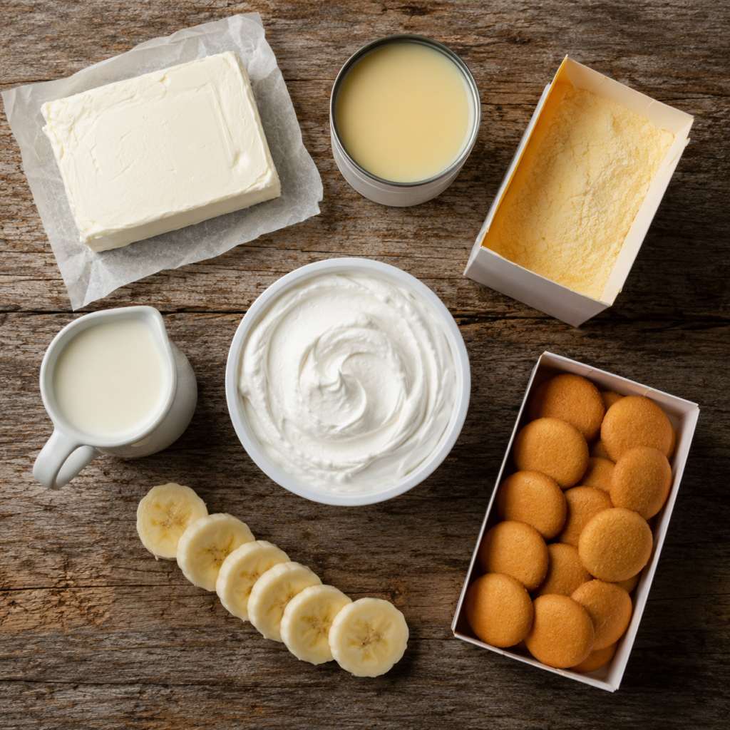 Flat lay of banana pudding ingredients including cream cheese, sweetened condensed milk, instant vanilla pudding mix, milk, whipped topping, vanilla wafer cookies, and sliced bananas
