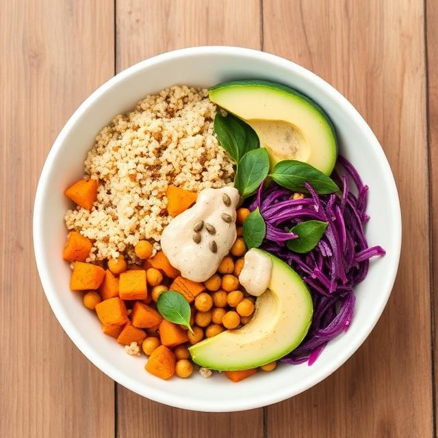 Overhead shot of a finished buddha bowl recipe with quinoa, roasted sweet potato, chickpeas, and tahini dressing