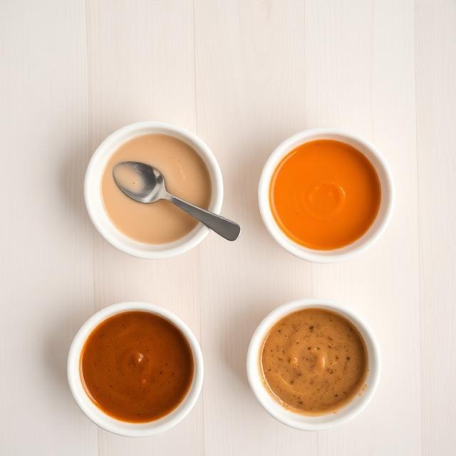 Flat lay of four dressing bowls for a homemade sauce guide, each a different color and ingredient base