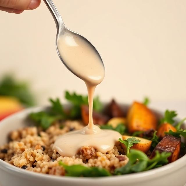 Close-up of tahini dressing being drizzled over a finished grain bowl
