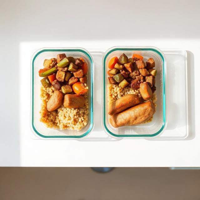 Two meal-prep containers with separated grain, protein, and vegetable components ready for the week