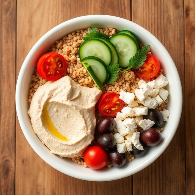Overhead shot of a Mediterranean-style bowl with farro, hummus, olives, and feta