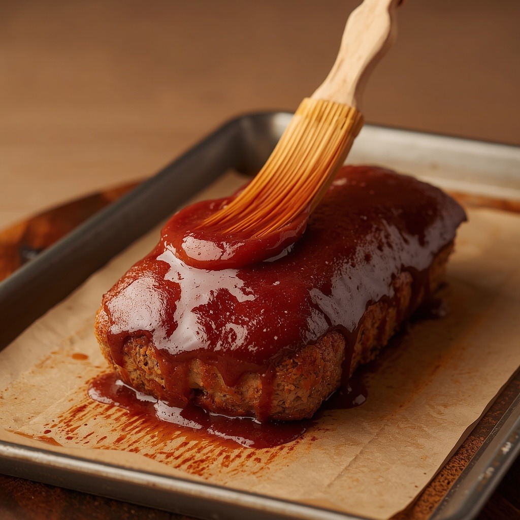 Brushing glaze over a baked meatloaf