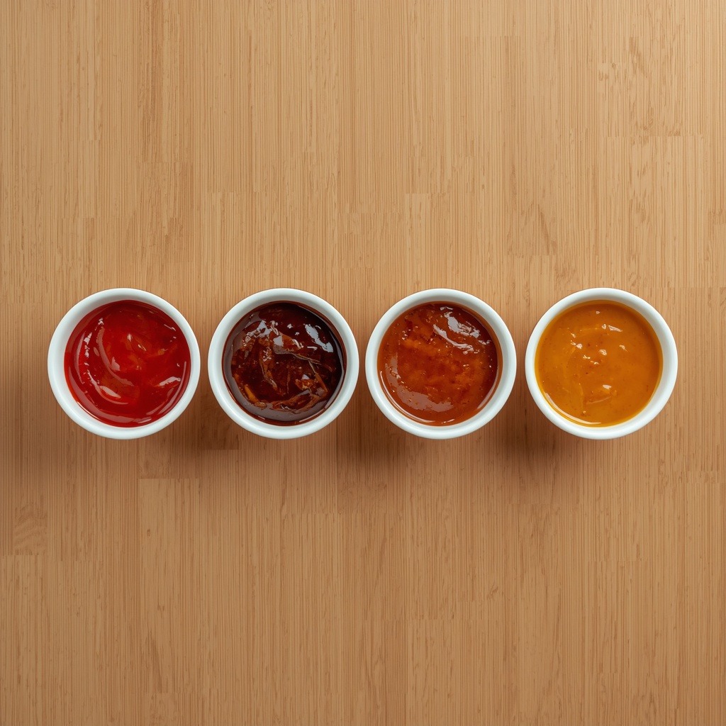 Four small bowls of different meatloaf glazes
