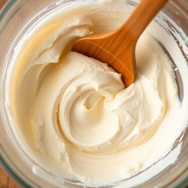 Close-up of creamed butter and brown sugar mixture in a glass mixing bowl, pale and fluffy texture, no text, no labels, no background drinks or glasses of liquid