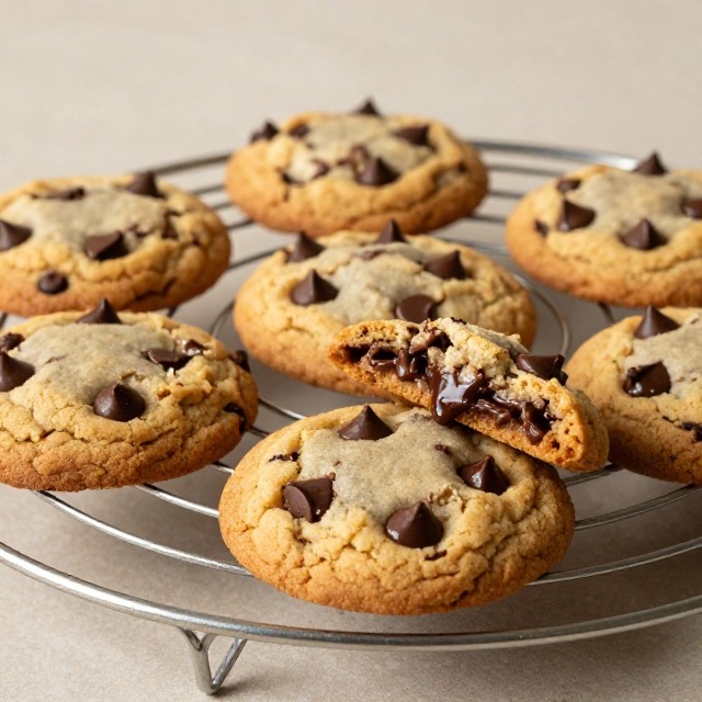 Freshly baked chocolate chip cookies cooling on a wire rack, close-up angle showing golden edges and melted chocolate, no text, no labels, no background drinks or glasses of liquid