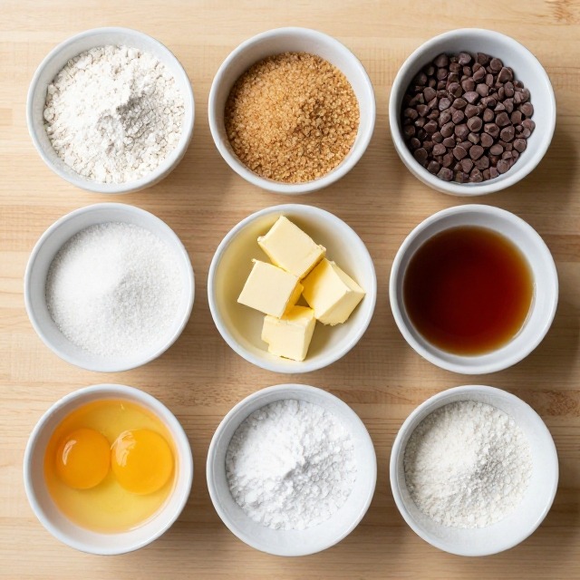 Flat lay of chocolate chip cookie ingredients in individual bowls on a light wooden surface, overhead angle, no text, no labels, no packaging, no brand names, no background drinks or glasses of liquid