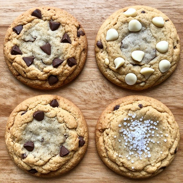 Three small groupings of chocolate chip cookie variations side by side on a wooden board, one plain, one with white chocolate chips, one with sea salt flakes on top, overhead angle, no text, no labels, no background drinks or glasses of liquid