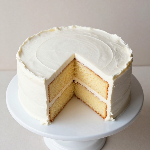 Overhead square shot of a frosted two-layer vanilla cake with a slice cut out showing the soft crumb, on a white cake stand, no text, no packaging, no brand names, no background drinks or glasses of liquid