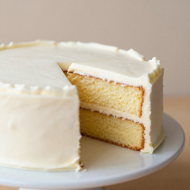 Two-layer frosted vanilla cake on a white cake stand with a slice removed showing the soft crumb, no text, no labels, no background drinks or glasses of liquid