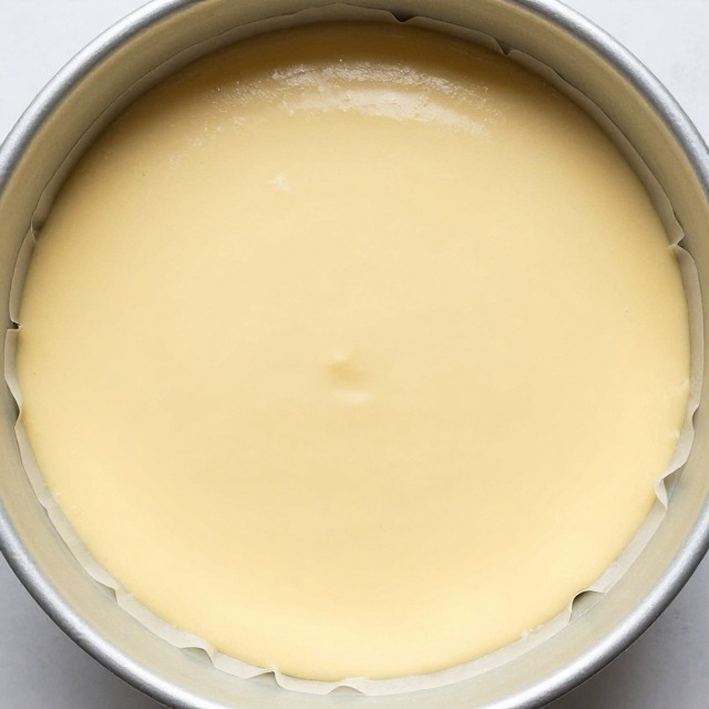 Vanilla cake batter divided evenly into round cake pans before baking, overhead angle, no text, no labels, no background drinks or glasses of liquid