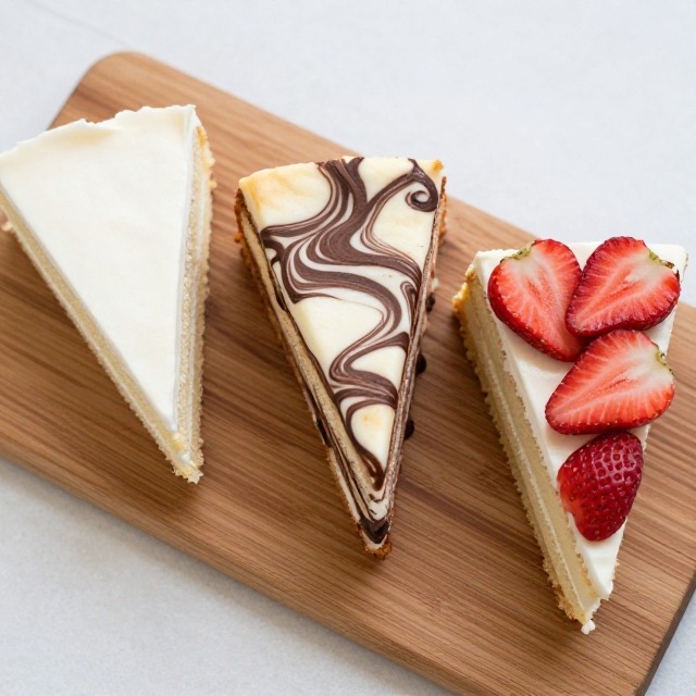 Three small vanilla cake variations side by side on a wooden board, one plain slice, one marble slice with chocolate swirl, one topped with fresh strawberries, overhead angle, no text, no labels, no background drinks or glasses of liquid