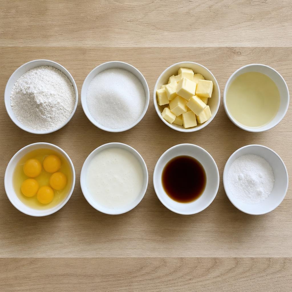 Flat lay of vanilla cake ingredients in individual bowls on a light wooden surface, overhead angle, no text, no labels, no packaging, no brand names, no background drinks or glasses of liquid