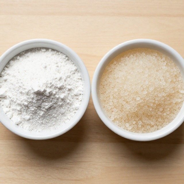 Overhead photo of pectin powder and gelatin powder side by side in small white bowls on a light surface, no text, no packaging, no brand names, no background drinks or glasses of liquid