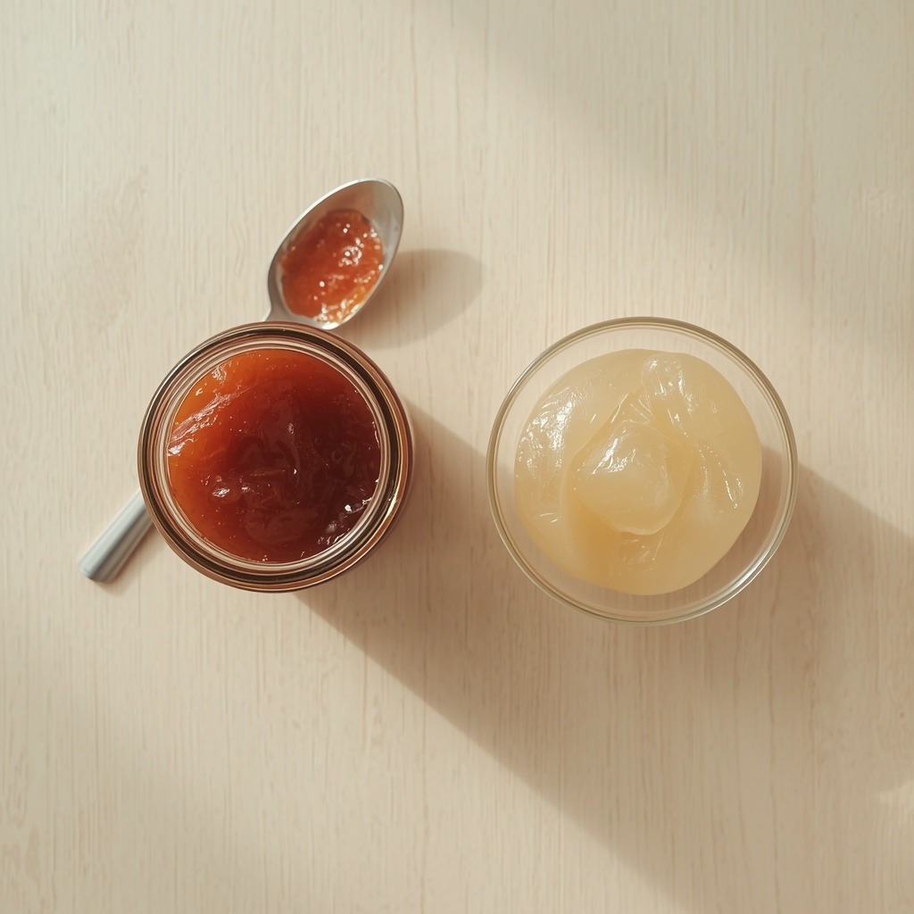 Overhead shot of a jar of fruit jam set with pectin next to a bowl of jiggly gelatin dessert, no text, no labels, no packaging, no brand names, no background drinks or glasses of liquid