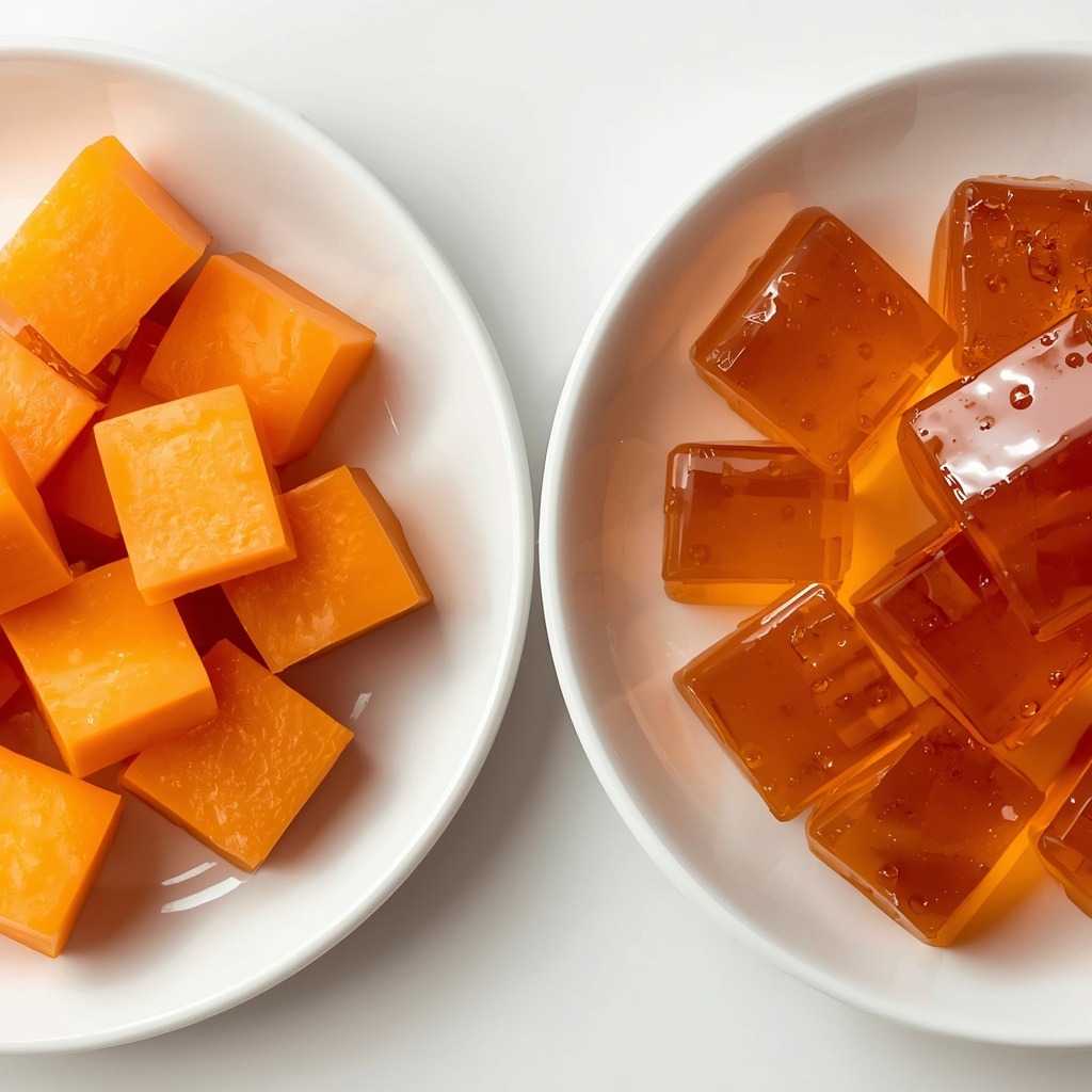 Close-up of firm pectin-set fruit jelly cubes next to soft elastic gelatin cubes on a plate, showing texture contrast, no text, no labels, no background drinks or glasses of liquid