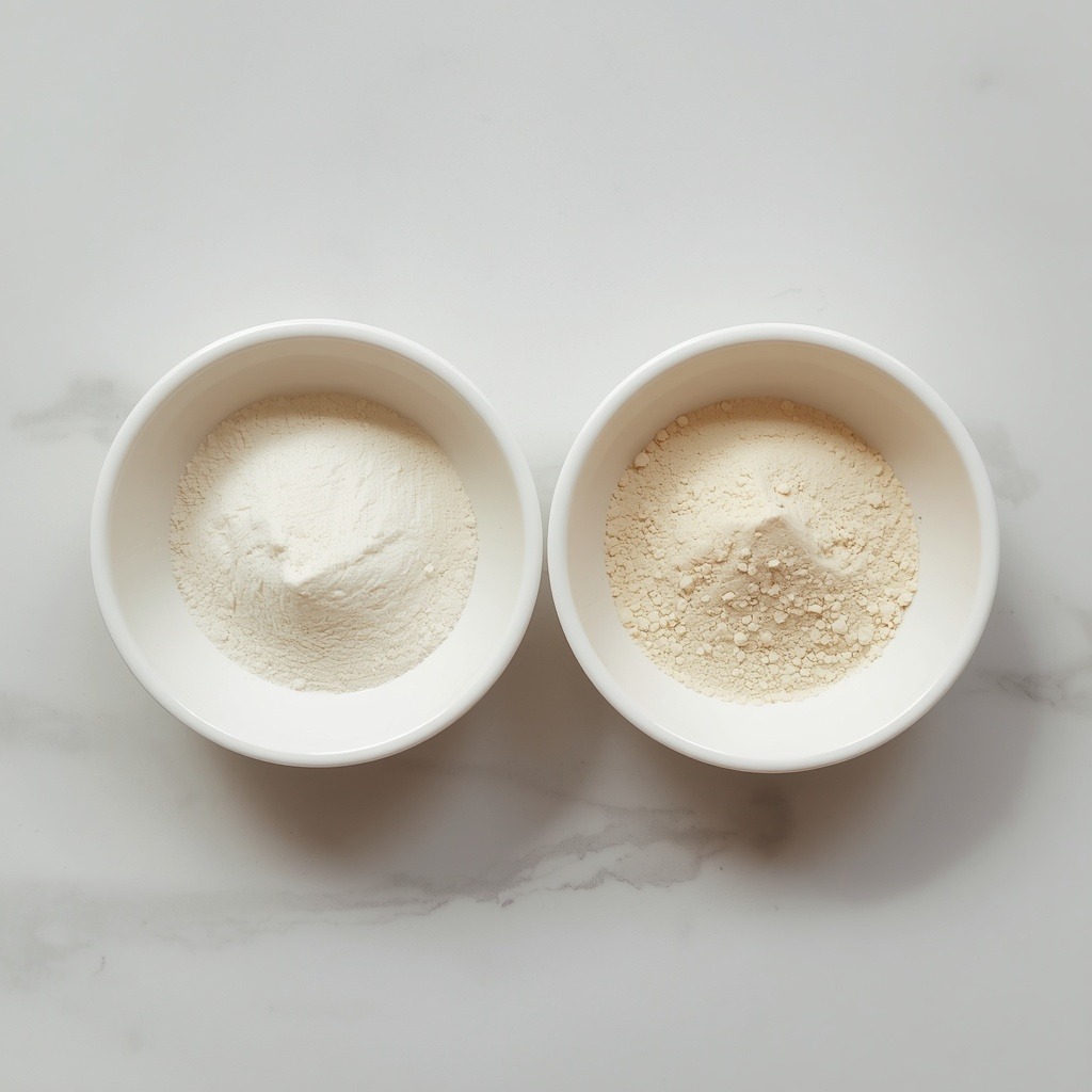 Overhead square photo of agar-agar powder in a small white bowl next to a bowl of gelatin powder for comparison, no text, no packaging, no brand names, no background drinks or glasses of liquid
