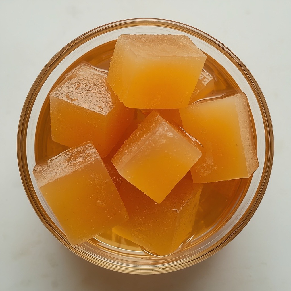 Overhead photo of firm agar-agar jelly cubes set in a small dish, showing a clean cut edge, no text, no labels, no packaging, no brand names, no background drinks or glasses of liquid
