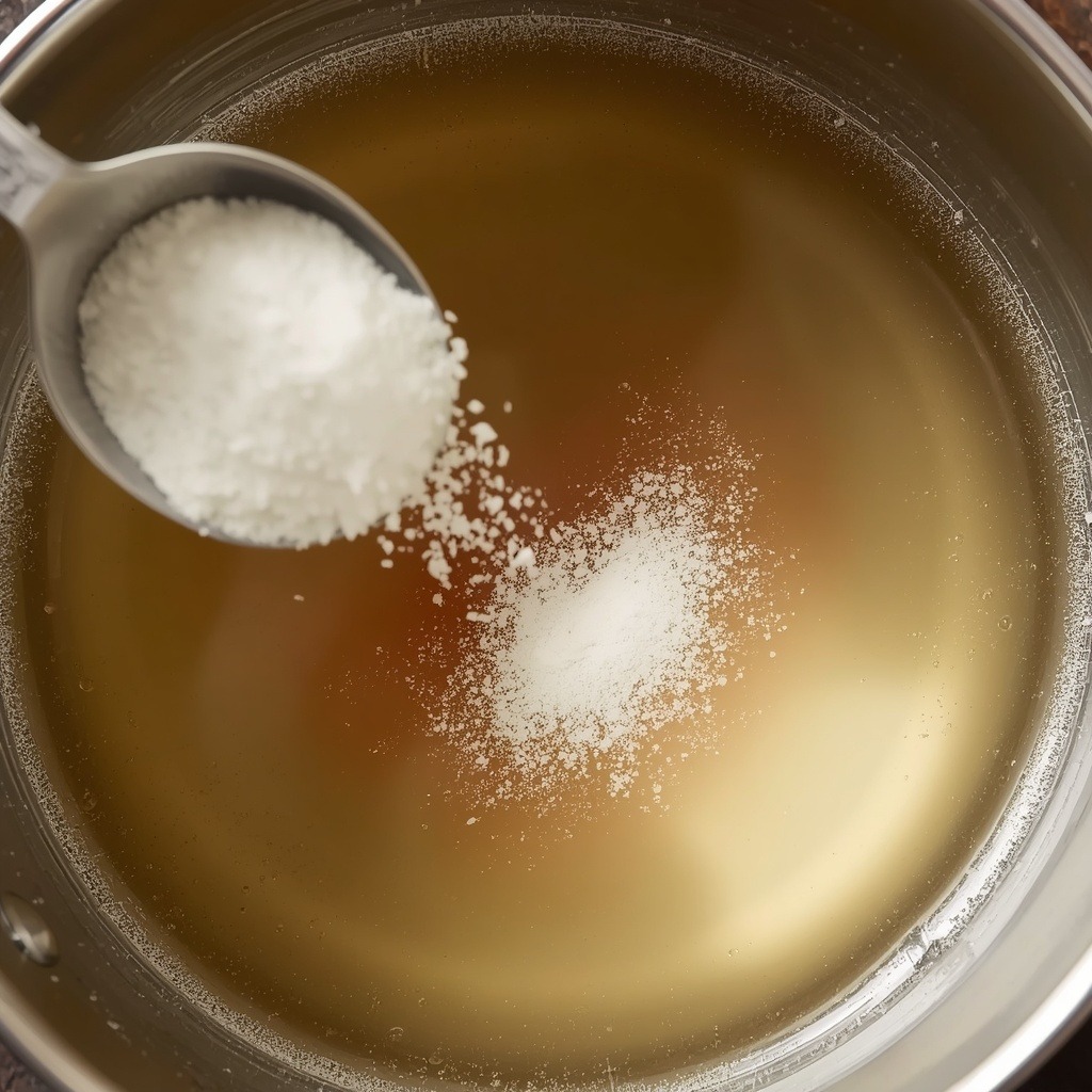 Close-up of a small saucepan with agar-agar dissolving in a simmering clear liquid, no text, no labels, no background drinks or glasses of liquid
