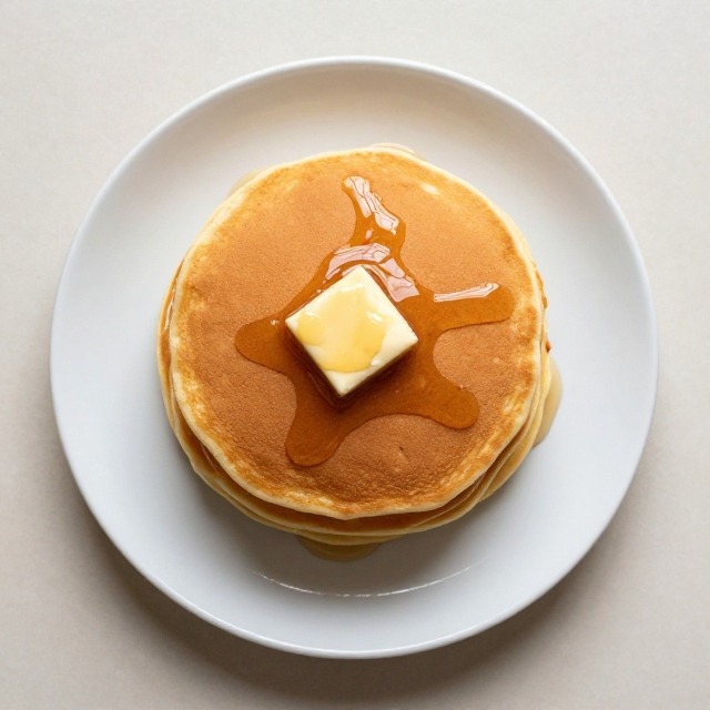Overhead square shot of a stack of golden cottage cheese pancakes topped with butter and syrup on a white plate, no text, no packaging, no brand names, no background drinks or glasses of liquid