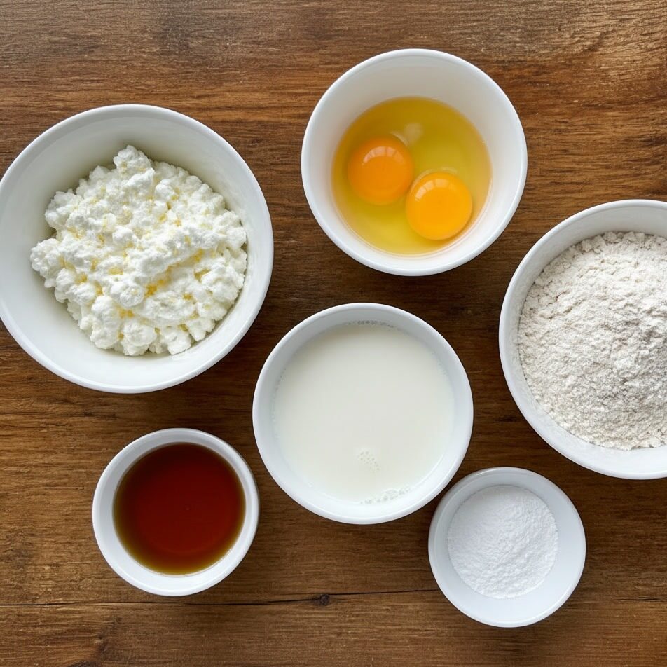  Flat lay of cottage cheese pancake ingredients in individual bowls on a light wooden surface, overhead angle, no text, no labels, no packaging, no brand names, no background drinks or glasses of liquid
