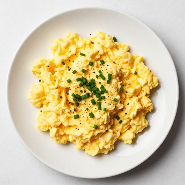 Overhead square shot of creamy cottage cheese scrambled eggs on a white plate garnished with chives and black pepper, no text, no packaging, no brand names, no background drinks or glasses of liquid