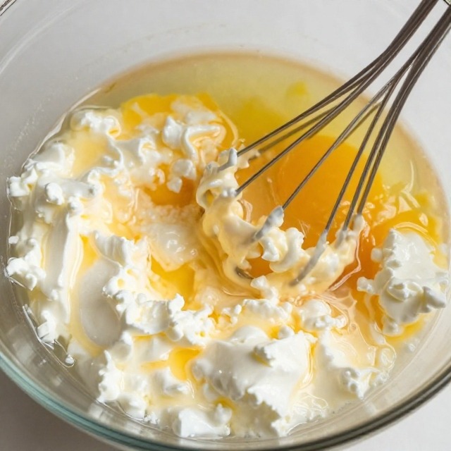 Cottage cheese being stirred into whisked eggs in a glass bowl, curds visible throughout, no text, no labels, no background drinks or glasses of liquid