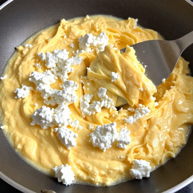 Cottage cheese eggs being gently folded in a nonstick skillet with a spatula, no text, no labels, no background drinks or glasses of liquid
