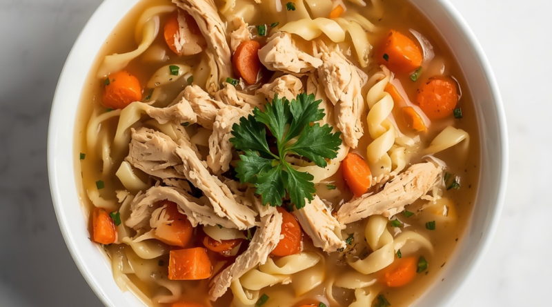 Square overhead shot of a white bowl of instant pot chicken noodle soup recipe with shredded chicken, carrots, and egg noodles, garnished with fresh parsley