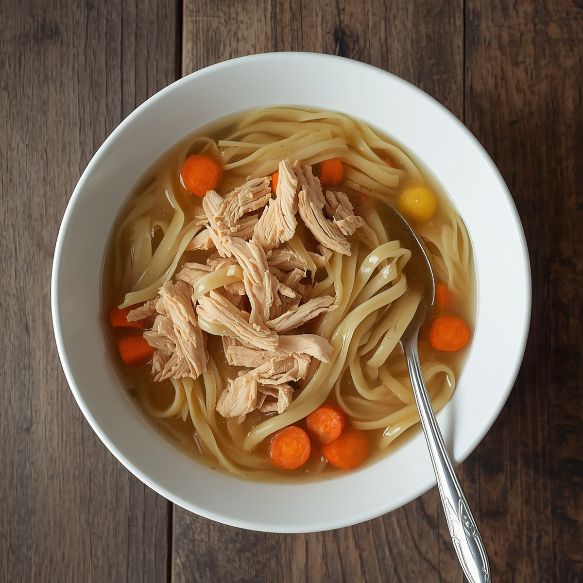 Square overhead shot of a white bowl of instant pot chicken noodle soup recipe with shredded chicken, carrots, and egg noodles, a spoon resting in the bowl, on a rustic wooden surface
