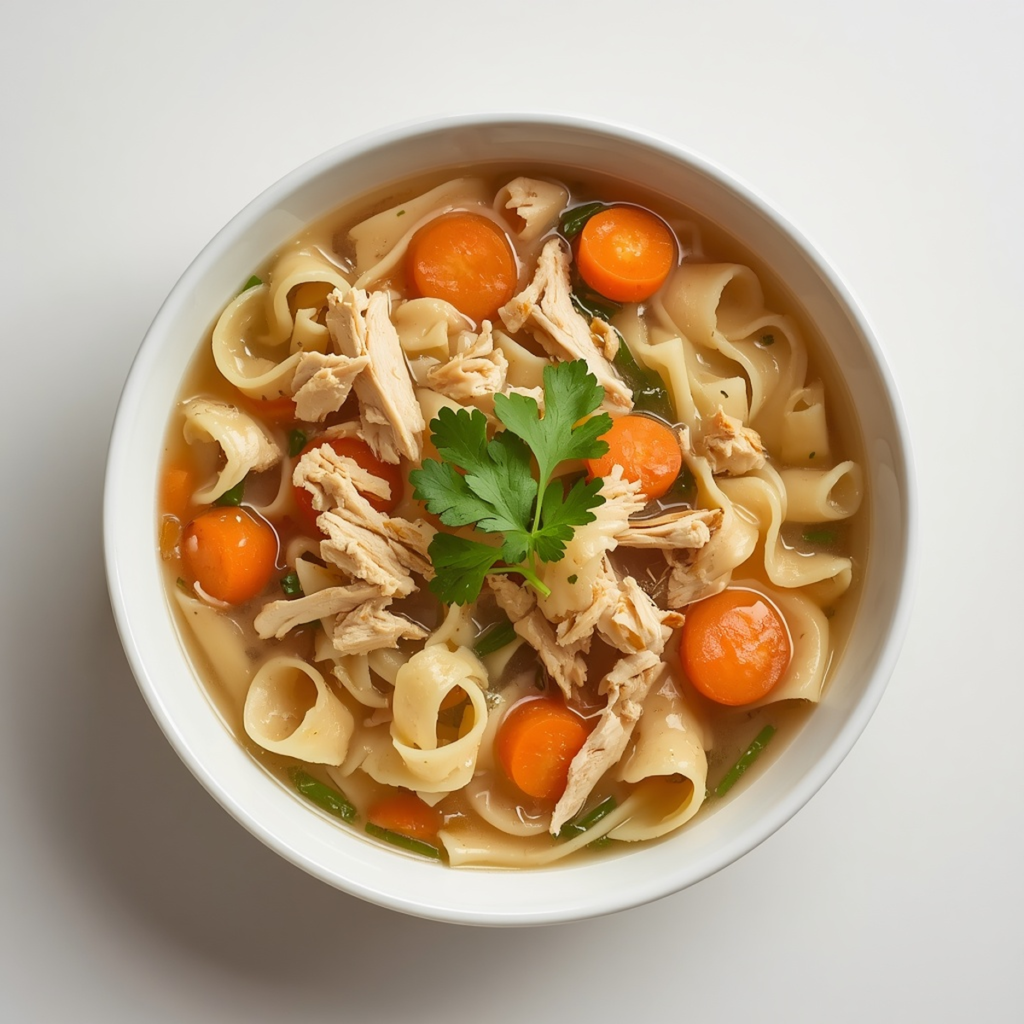 Overhead shot of a white bowl of Instant Pot chicken noodle soup with shredded chicken, carrots, and egg noodles, garnished with fresh parsley