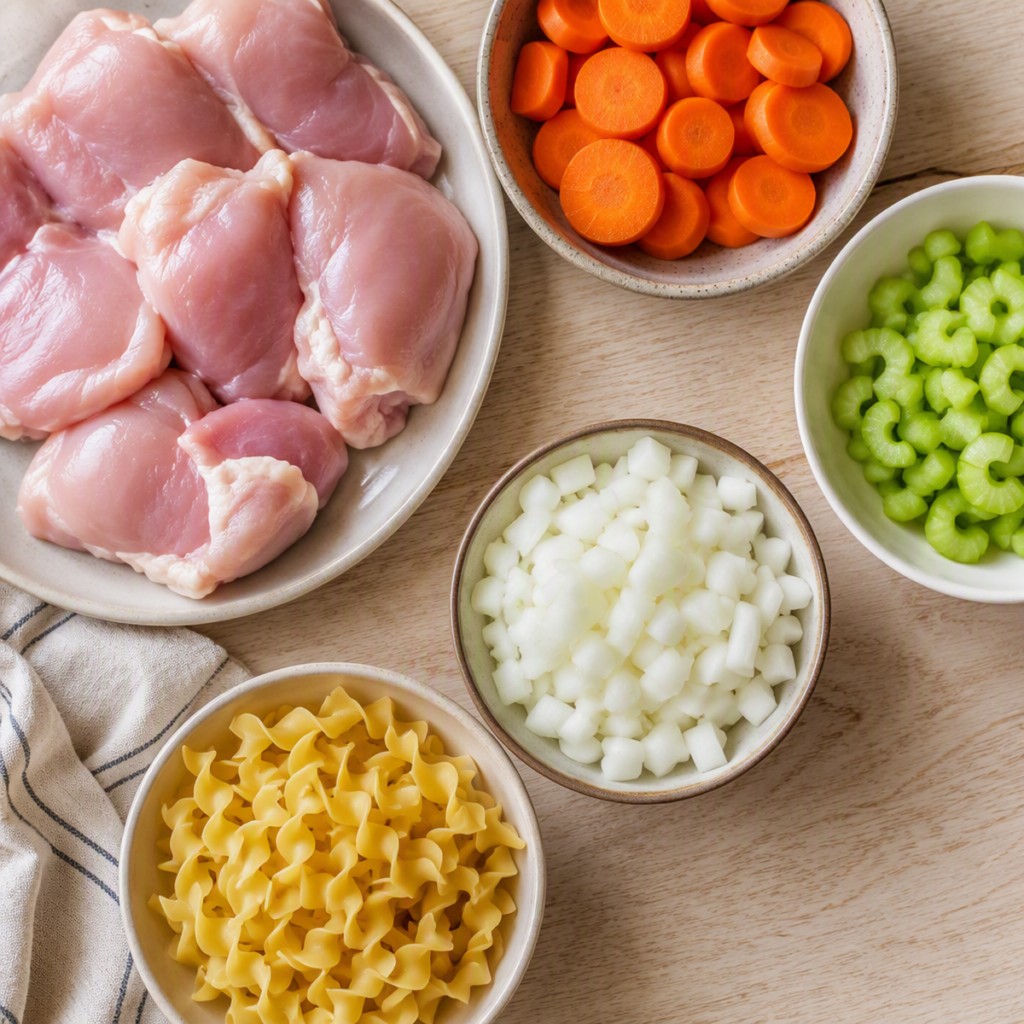 Overhead flat lay of raw chicken thighs, sliced carrots, celery, onion, and egg noodles arranged for Instant Pot chicken noodle soup