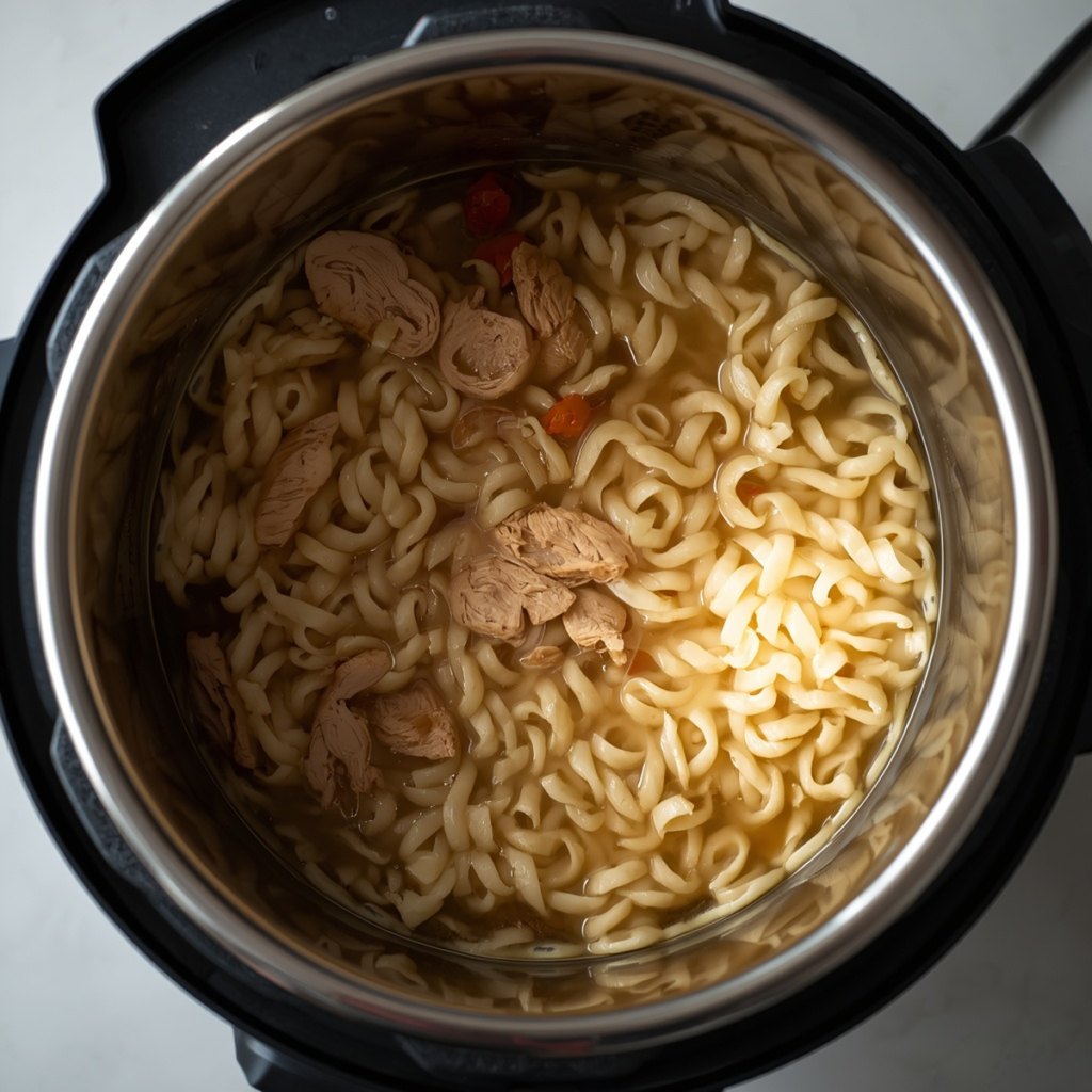Egg noodles simmering in chicken broth inside an open Instant Pot on the sauté setting