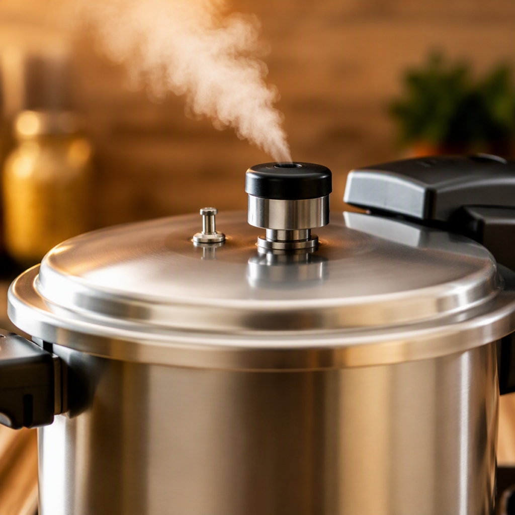 Instant Pot lid closed with the pressure valve set to sealing, steam beginning to rise