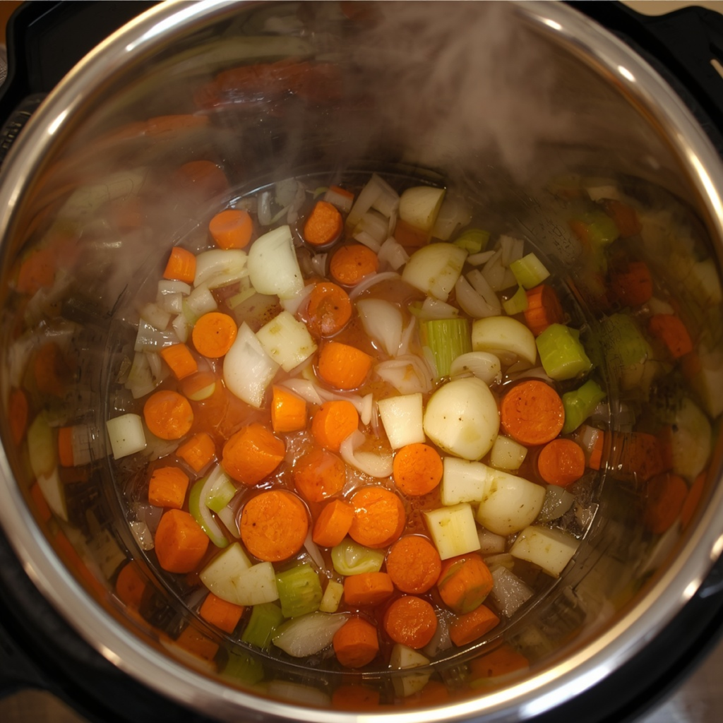 Onion, carrots, and celery sautéing in an Instant Pot insert on the sauté setting